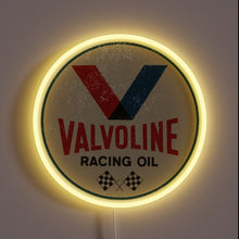 Load image into Gallery viewer, Valvoline racing oil vintage neon sign with yellow glow.