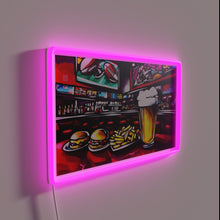 Load image into Gallery viewer, Neon sports decor featuring colorful beer, burgers, and fries ambiance.