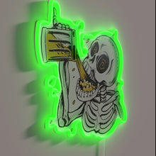 Load image into Gallery viewer, Whimsical vintage art skeleton enjoying beer in bold neon colors.