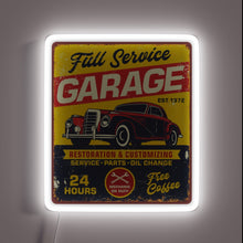 Load image into Gallery viewer, Vintage garage neon sign with classic car and retro text.