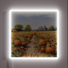 Load image into Gallery viewer, Whimsical watercolor design featuring rustic pumpkins under neon RGB lighting.