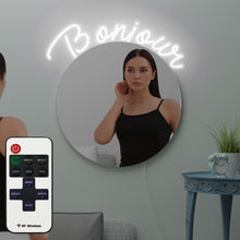Load image into Gallery viewer, custom "bonjour" mirror sign with led around it
