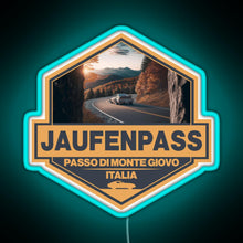 Load image into Gallery viewer, Jaufenpass Italy Travel Art Badge RGB neon sign lightblue