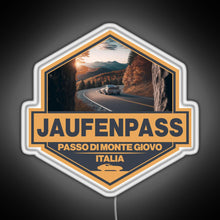 Load image into Gallery viewer, Jaufenpass Italy Travel Art Badge RGB neon sign white
