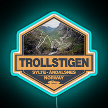 Load image into Gallery viewer, Trollstigen Norway Travel Art Badge RGB neon sign lightblue