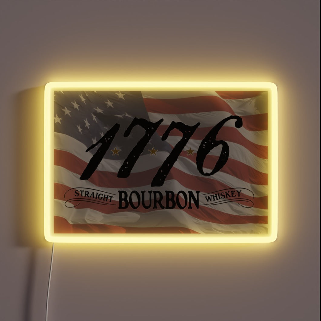 Vibrant 1776 Bourbon logo in glowing RGB neon lighting display