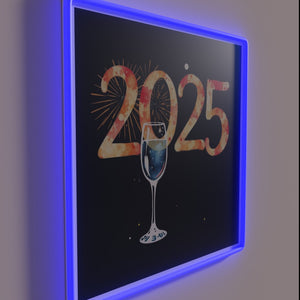 Neon lit '2025 Celebrations' wall decor in vibrant RGB colors