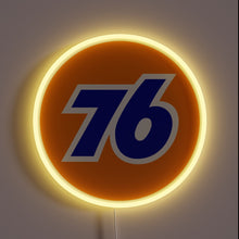 Load image into Gallery viewer, UV printed RGB LED neon sign featuring the classic 76 gas station logo with a bold blue &#39;76&#39; on an orange circle, outlined by a glowing yellow LED ring.