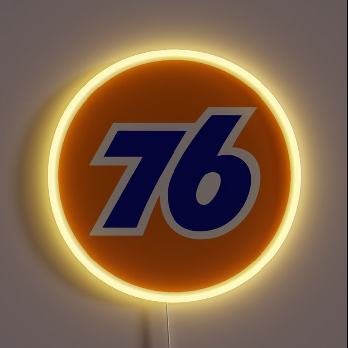 UV printed RGB LED neon sign featuring the classic 76 gas station logo with a bold blue '76' on an orange circle, outlined by a glowing yellow LED ring.