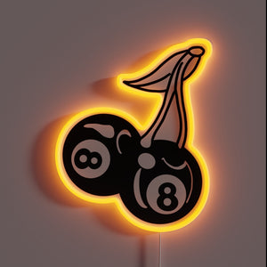 Neon sign of cherry-shaped 8-balls with orange glow.