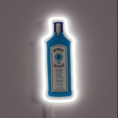 Neon sign shaped like a blue Bombay Sapphire bottle with white glow.