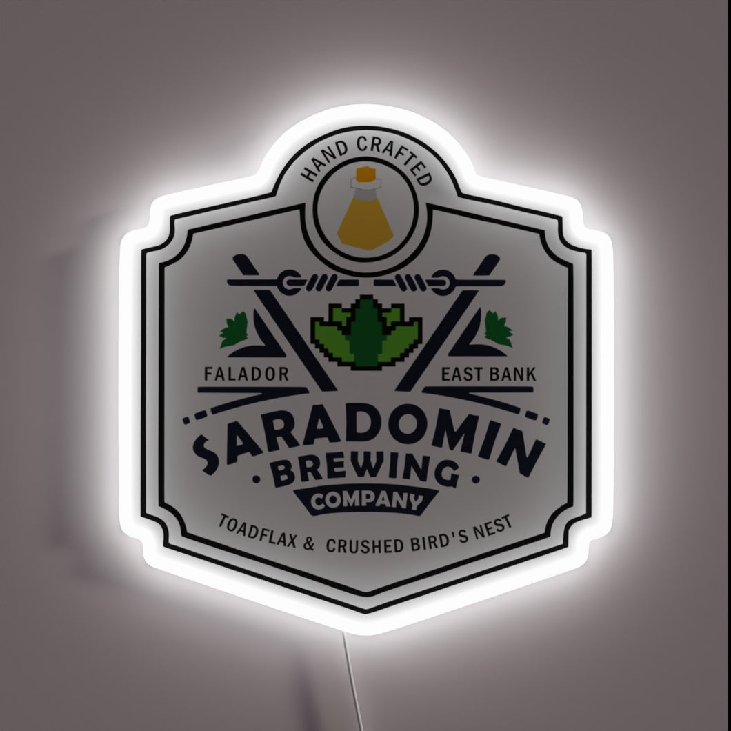 Saradomin Brewing Company neon sign with white LED border