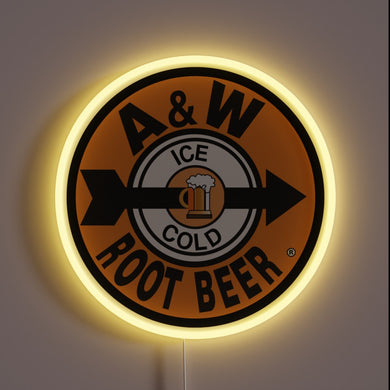 Retro-themed vintage A&W Root Beer logo illuminated in RGB neon.