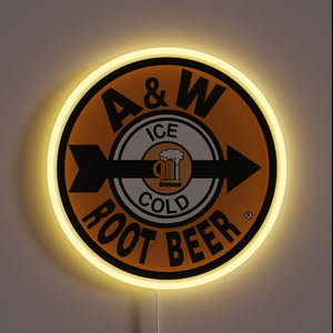 Retro-themed vintage A&W Root Beer logo illuminated in RGB neon.