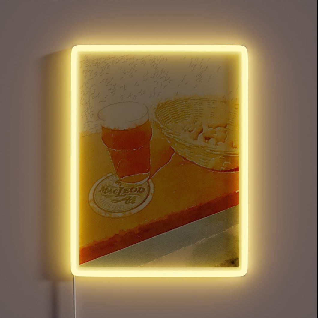 Neon bar decor with colorful glow of peanuts and beer