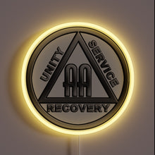 Load image into Gallery viewer, Boldly Displayed Red, Green, Blue Neon Lightbox with AA Logo