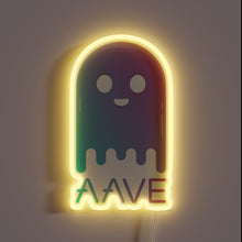 Load image into Gallery viewer, Alt text: &quot;Neon sign of a smiling ghost figure with gradient colors and the word &#39;AAVE&#39; beneath it, glowing with a yellow outline.&quot;
