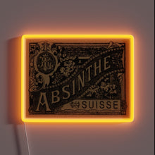 Load image into Gallery viewer, Vintage-style &quot;Absinthe Suisse&quot; neon sign with an orange glow border.
