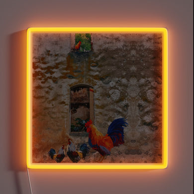 Vibrant abstract rooster design in neon RGB on rustic wood.