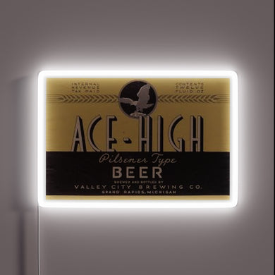 Vintage-style distressed neon sign featuring Ace High Beer's bold logo.
