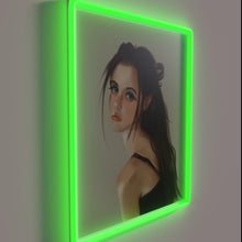 Load image into Gallery viewer, Semi-realistic woman&#39;s portrait in vibrant RGB neon illuminated wall decor