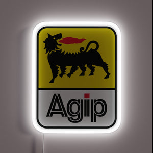 UV printed RGB LED neon sign of the vintage Agip logo featuring a six-legged black dog breathing red fire on a yellow and white background, framed by a glowing white rectangular LED border.
