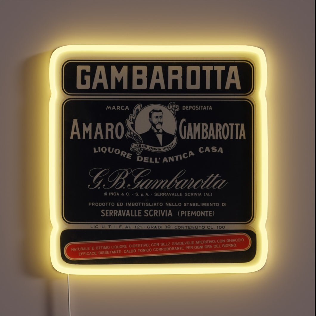 A vintage Italian amaro spirit illuminated by vibrant neon lights
