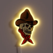 Load image into Gallery viewer, American Traditional Cowboy Skull RGB neon sign, front view lit, printed on acrylic
