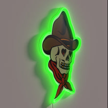 Load image into Gallery viewer, American Traditional Cowboy Skull RGB neon sign, side view lit showing the depth of the acrylic sign