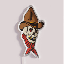 Load image into Gallery viewer, American Traditional Cowboy Skull RGB neon sign, side view with lights off showing acrylic backing and LED tube