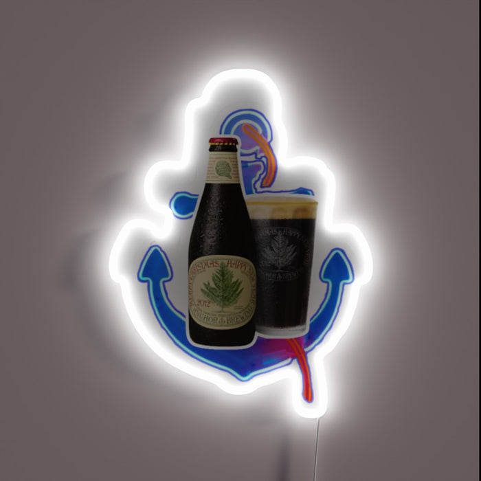 Shining colorful beer decor with glowing Anchor Steam bottle logo.
