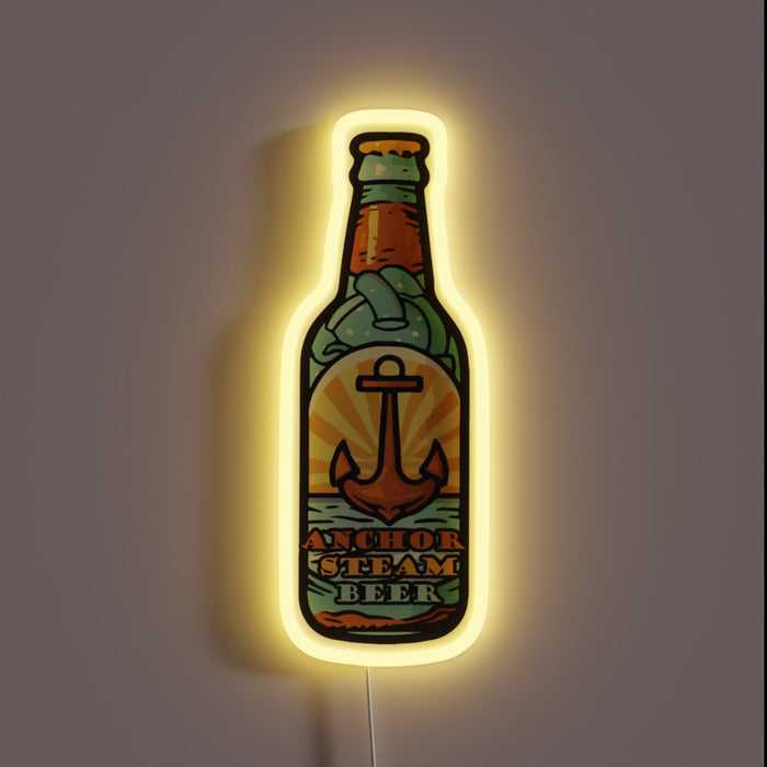 Vintage-inspired Anchor Steam beer bottle logo in vibrant RGB neon lights