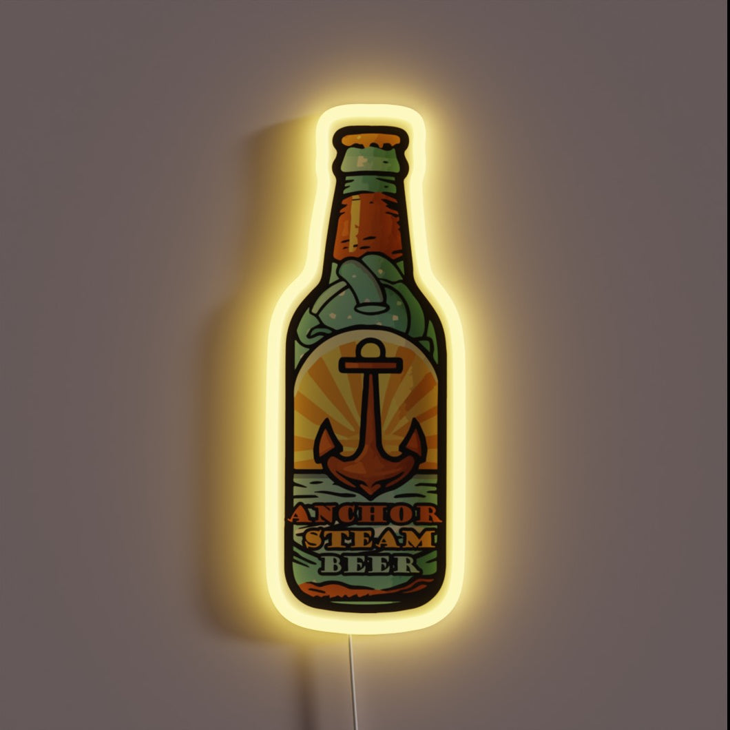 Vintage-inspired Anchor Steam beer bottle logo in vibrant RGB neon lights