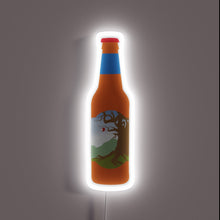 Load image into Gallery viewer, Illustrated neon sign of an amber bottle with a blue label and a tree with a red apple, glowing with a white outline.
