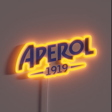 Eye-catching Aperol brand logo illuminated in vibrant blue neon glow.