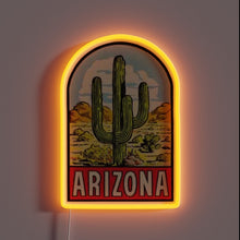 Load image into Gallery viewer, Alt text: &quot;Vintage-style neon sign with a cactus illustration and the word &#39;ARIZONA&#39; in bold red letters, surrounded by a glowing orange arch.&quot;
