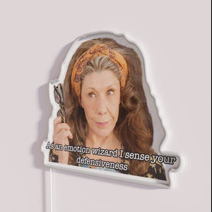 Neon Emotion Wizard Sign with Defensiveness Detection in Vibrant RGB Lighting
