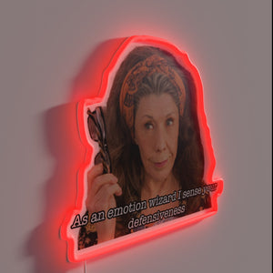 Neon sign declaring a mystical reading of one's emotional shields.