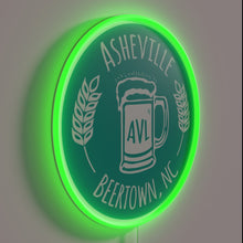Load image into Gallery viewer, Neon Asheville Beer Town Sign with White Letters on Green Background