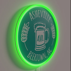 Neon Asheville Beer Town Sign with White Letters on Green Background
