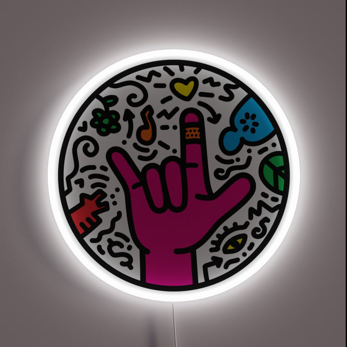 ASL I Love You pop art neon sign with white LED border