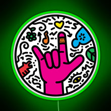 Load image into Gallery viewer, ASL sign for I love you Pop Art Style White RGB neon sign green