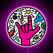 Load image into Gallery viewer, ASL sign for I love you Pop Art Style White RGB neon sign  pink