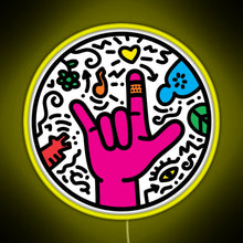 Load image into Gallery viewer, ASL sign for I love you Pop Art Style White RGB neon sign yellow