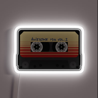 Awesome Mix Vol. 2 cassette neon sign with white LED border