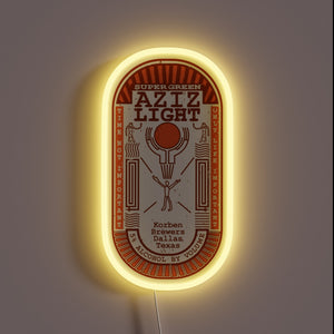 Electric glow of Aziz's The Divine Brew logo neon sign.