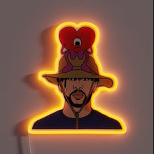 Load image into Gallery viewer, Bad Bunny neon sign – iconic cartoon-style with heart character on safari hat, glowing in warm orange.