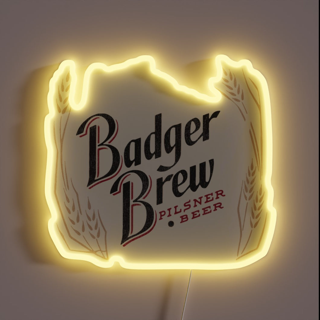 Vintage retro Badger State brewery advertisement in glowing RGB neon