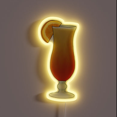 Neon sign of a Bahama Mama cocktail with orange slice garnish, glowing in yellow.
