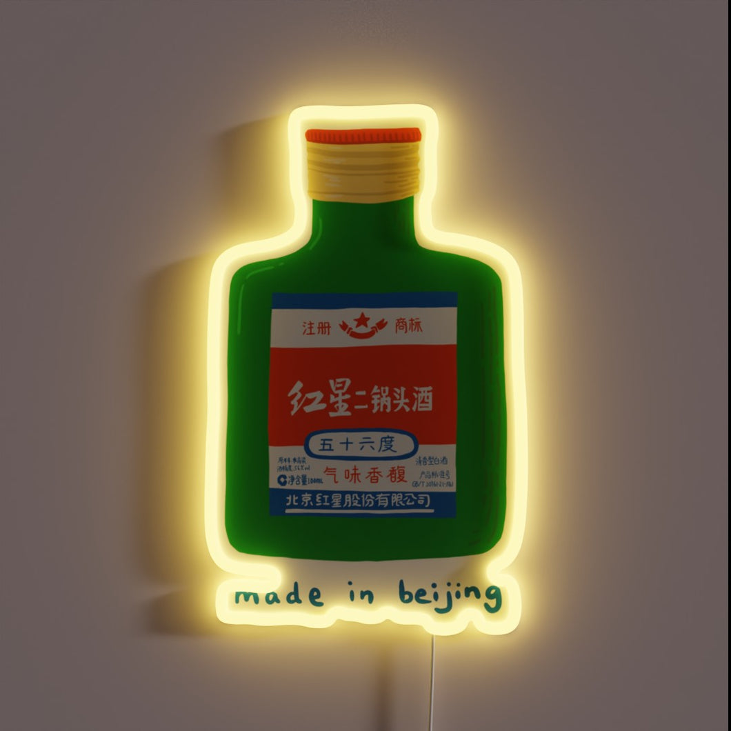 Neon sign of a green bottle of Chinese Baijiu with red, blue, and white label, glowing yellow, with the text 